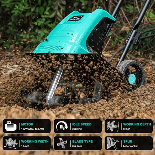 13.5AMP Corded Electrical Backyard Tiller - 8-Inch Depth, 16-Inch Width Rototiller and Cultivator for Your Backyard and Yard