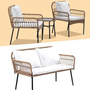 All-Climate Wicker Rattan Outside Patio Furnishings Set: Boho Small Couch and Backyard Chair for Porch, Balcony, Garden, and Terrace – 2-Seater Sofa or 3-Piece Bistro Set