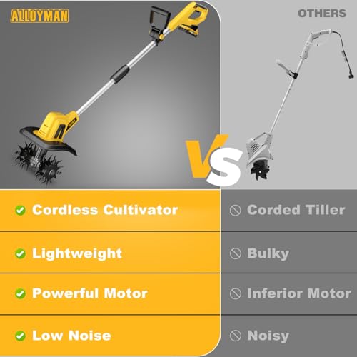 Alloyman 20V Cordless Tiller Cultivator - 360RPM Electrical Backyard Tiller with 2 x 2.0Ah Batteries & Charger, 9-Inch Tilling Width, 6.6-Inch Depth Backyard Rototiller for