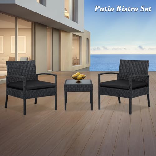 Athena Assortment Outside Bistro Furnishings Set – 3-Piece PE Rattan Dialog Set with Cushioned Chairs and Desk for Backyard, Entrance Porch, and Yard, Black