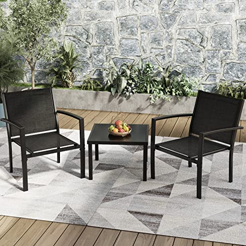 Greesum 3-Piece Outside Patio Furnishings Set with Textilene Cloth Chairs and Glass Espresso Desk for Garden, Backyard, Balcony, and Poolside – Black