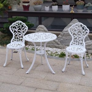 KAILI 3-Piece Patio Bistro Set – Forged Aluminum Out of doors Backyard Furnishings, Rust-Proof Metallic Tables and Chairs in Leaf-White