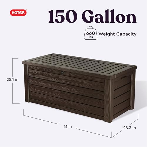 Keter 150 Gallon Out of doors Storage Deck Field & Bench, Resin Patio Bin in Brown Wooden Grain