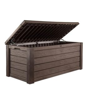 Keter 150 Gallon Out of doors Storage Deck Field & Bench, Resin Patio Bin in Brown Wooden Grain