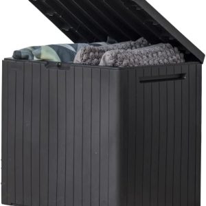 Keter Metropolis 30-Gallon Darkish Gray Resin Out of doors Storage Field and Patio Furnishings Facet Desk for Pool and Backyard Objects