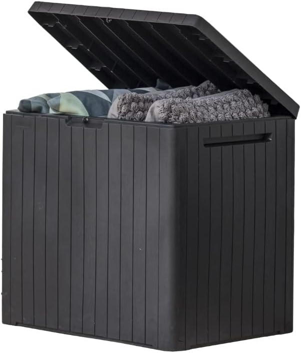 Keter Metropolis 30-Gallon Darkish Gray Resin Out of doors Storage Field and Patio Furnishings Facet Desk for Pool and Backyard Objects