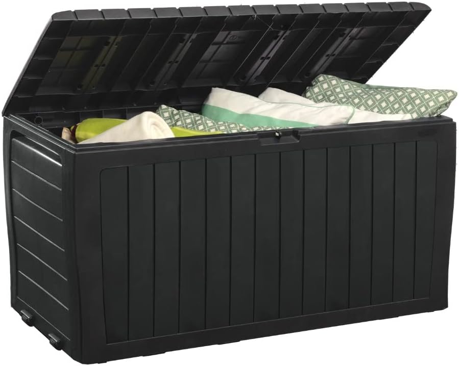 Keter Marvel Plus 71-Gallon Resin Deck Field for Out of doors Storage – Preferrred for Patio Furnishings Cushions, Throw Pillows, Backyard Instruments, and Pool Toys in Darkish Gray