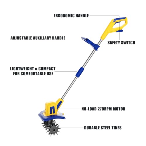 Moveable Cordless Tiller Cultivator for Dewalt 20V Battery (Device Solely) - Electrical Backyard Tiller with 270 RPM, 48 Metal Tines, 8.7” Working Width, and 6.3” Digging Depth