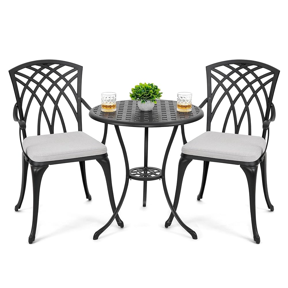 NUU GARDEN 3-Piece Out of doors Bistro Set – Solid Aluminum Patio Desk with 2 Chairs, Umbrella Gap, Grey Cushions, Black End