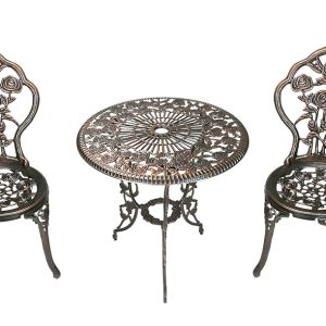 Oakland Dwelling 3-Piece Rose Bistro Set That includes a 23.5-Inch Forged Aluminum Tabletop