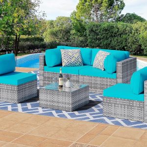 Shintenchi 5-Piece Outside Patio Sectional Couch Set, Silver Grey PE Wicker Dialog Furnishings with Washable Cushions and Glass Espresso Desk for Backyard and Poolside