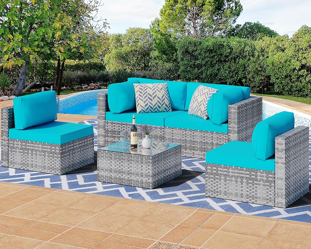 Shintenchi 5-Piece Outside Patio Sectional Couch Set, Silver Grey PE Wicker Dialog Furnishings with Washable Cushions and Glass Espresso Desk for Backyard and Poolside