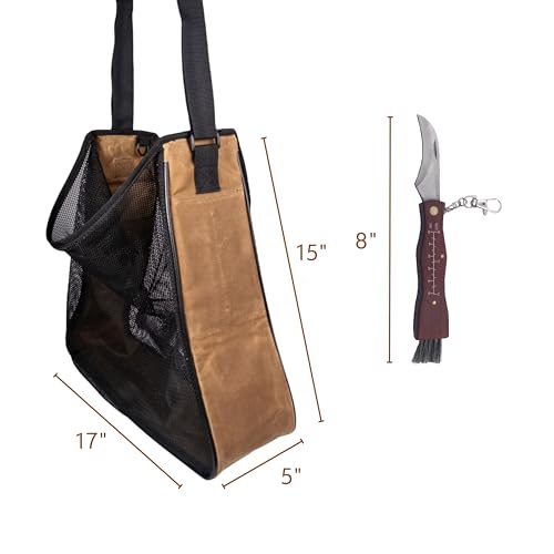 Spacious Waxed Canvas and Mesh Mushroom Foraging Equipment with Pockets | Fruit Harvesting Bag for Accumulating Fruits and Greens | Farmers Market Tote (Carob Colour with Redwood Knife)