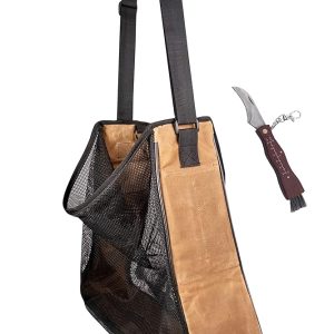 Spacious Waxed Canvas and Mesh Mushroom Foraging Equipment with Pockets | Fruit Harvesting Bag for Accumulating Fruits and Greens | Farmers Market Tote (Carob Colour with Redwood Knife)